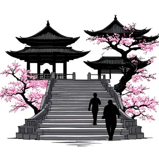 Asian Temple With Steps With 2 Gay Lovers And Cherry Blossom Trees