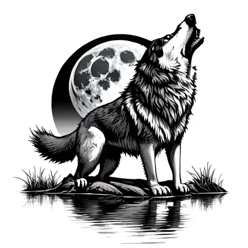 A Wolf Howling At The Moon Above A Tranquil Fishing Lake