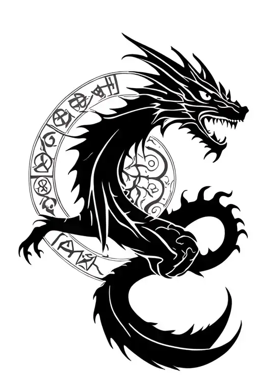 A Simple Dragon Flying With Nordic Runes Around And Yggdrasil On The Backgound