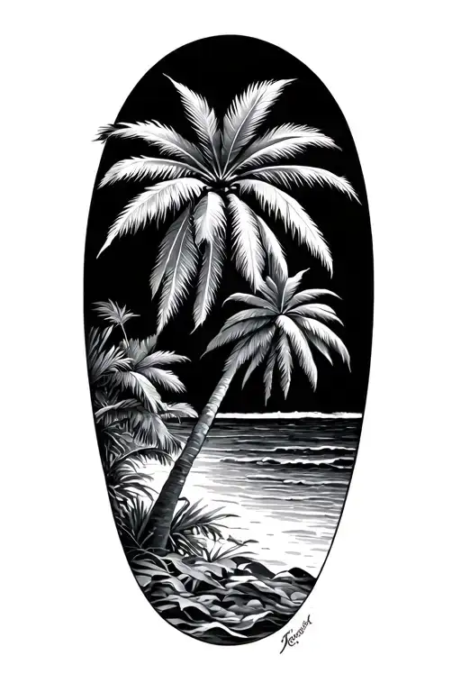 Palm Tree With Weed Leaves For Branches On Tropical Island With Some Sea