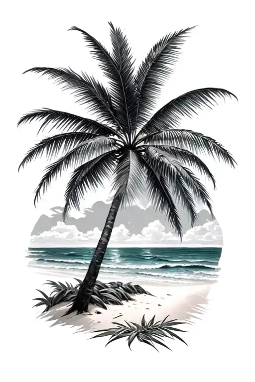 Palm Tree With Weed Leaves For Branches On Tropical Island With Some Sea And Sand