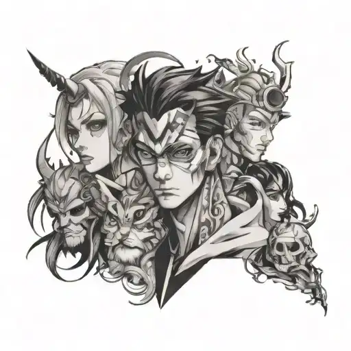 Combine Characters From Different Animes In A Black And Grey Portrait Style