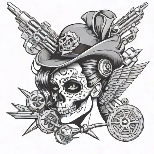 A Pin Up Girl With A Skull Face Tattoo Surrounded By Bullets