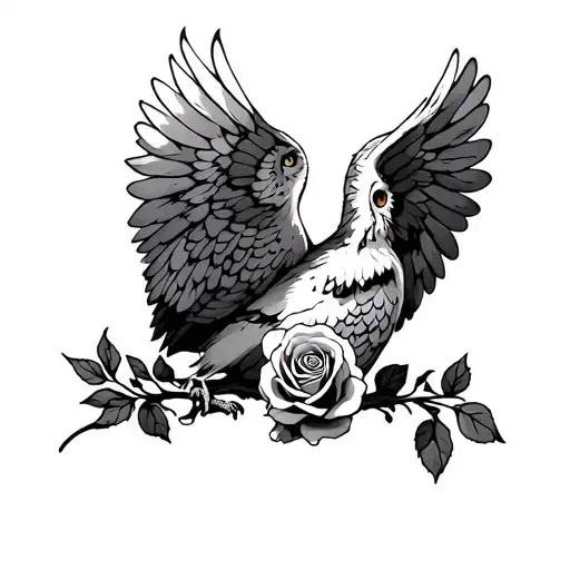 Owl Wings Spread With Rose