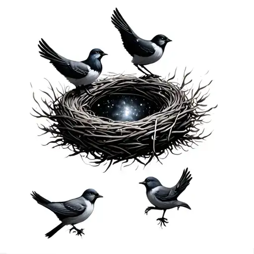 Nest With 4 Birds In A Nest And The Nest Symbolizing Galaxy