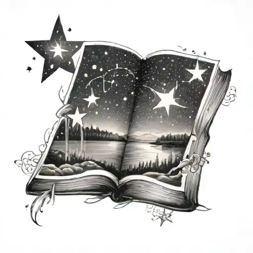 A Constellation Of Stars Forming A Book Shape With A Peaceful Lake In The Background