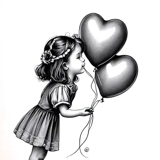 10Cm Tattoo Of Little Girl Throwing Two Heart Shaped Balloons Without Much Filling