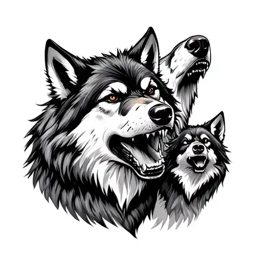 Big Wolf Snarling And Little Wolf Howling