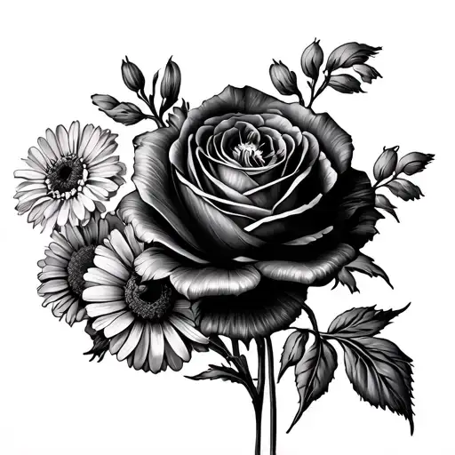 2 Carnations 4 Marigolds 1 Chrysmthumum 2 Dephium 1 Daisy 2 Roses 1 Poppy