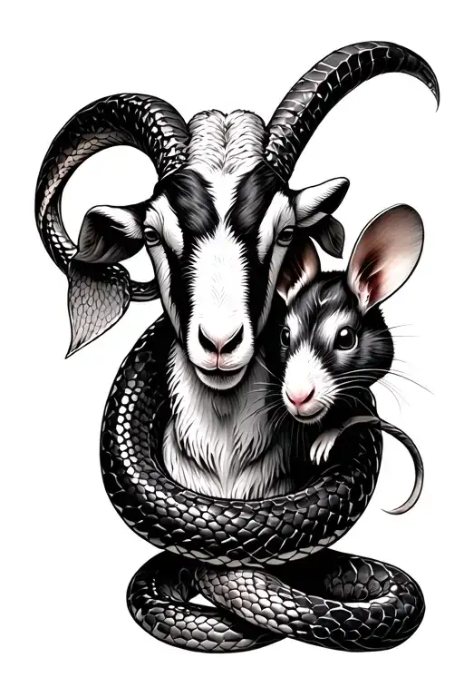 Snake And Mouse Protecting A Goat