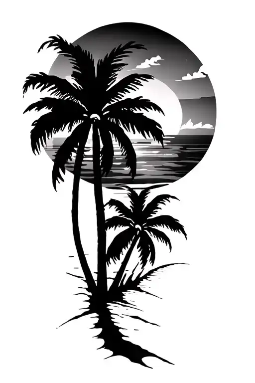 Dual Palm Tree Sunset In The Background