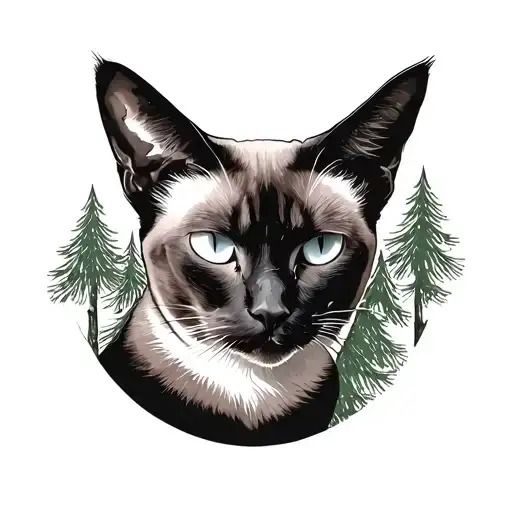 Siamese Cat With Pine Trees Background Black