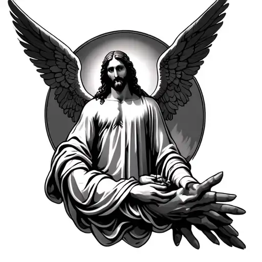 Tattoo With Mythological Figures Such As Jesus And Angels That Completely Cover The Arm