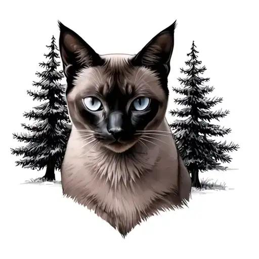 Siamese Cat With Pine Trees Background Black