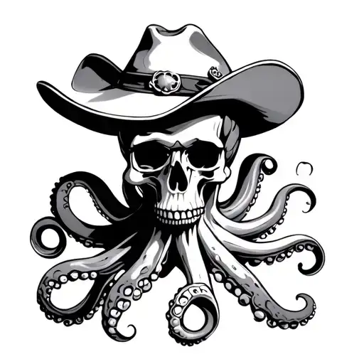 Octopus Wrapping Nautical Skull Wearing Cowboy Hat