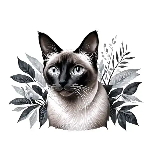 A Realistic Siamese Cat With A Foliage Background Black