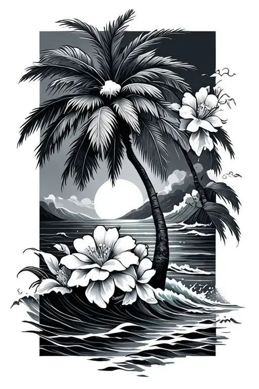 Palm Tree And Flowers And Ocean Waves In Japanese Style