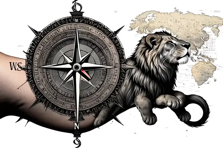 Broken Compass On Forearm With Baby Lion And Map Background