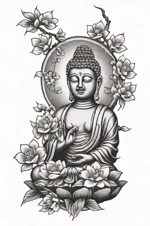 Buddha And Cherry Blossoms Delicate Flowers