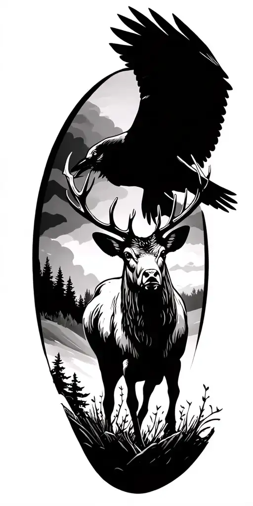 A Hunting Themed Tattoo With A Silhouette Of An Elk And A Crow Flying Overhead In A Nature Backdrop