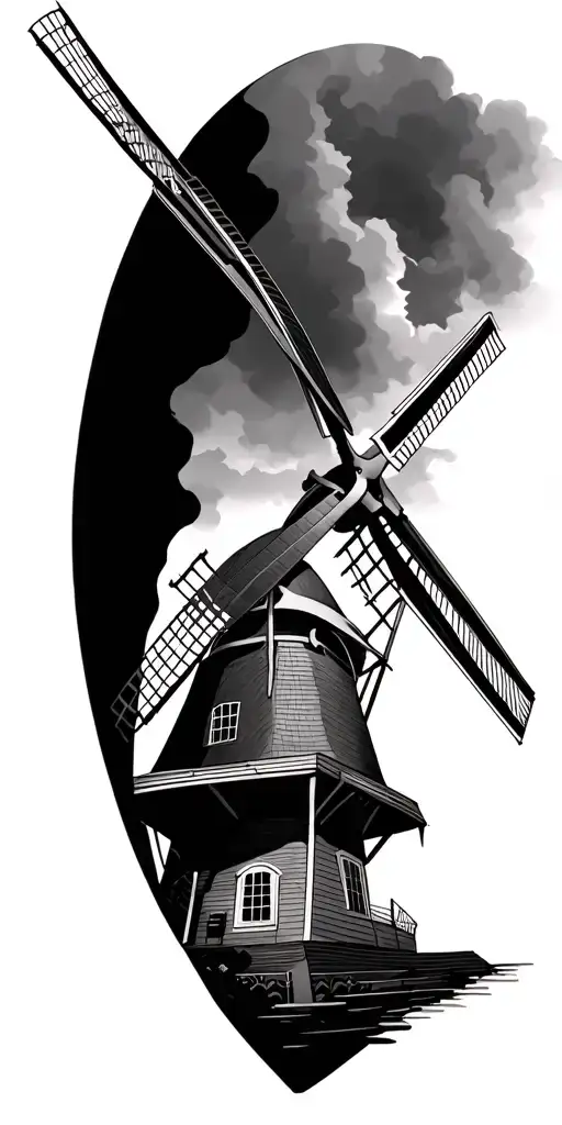 A Combination Of Netherlands Windmills And Musical Instruments In A Black-grey Style Design