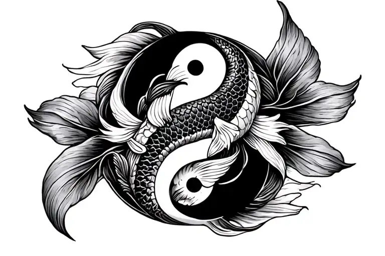 Yin And Yang Koi Fish With Snake Going Down The Middle