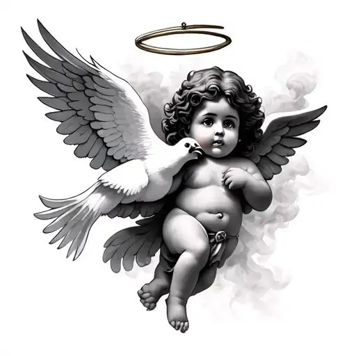 Chicano Style Cherub With White Dove With A Halo On One Of Them And Smoke Backround