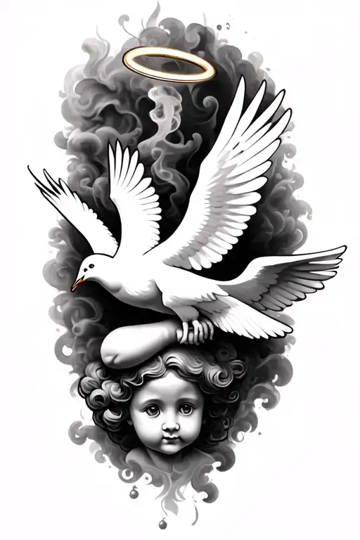 Chicano Style Cherub With White Dove With A Halo On One Of Them And Smoke Backround