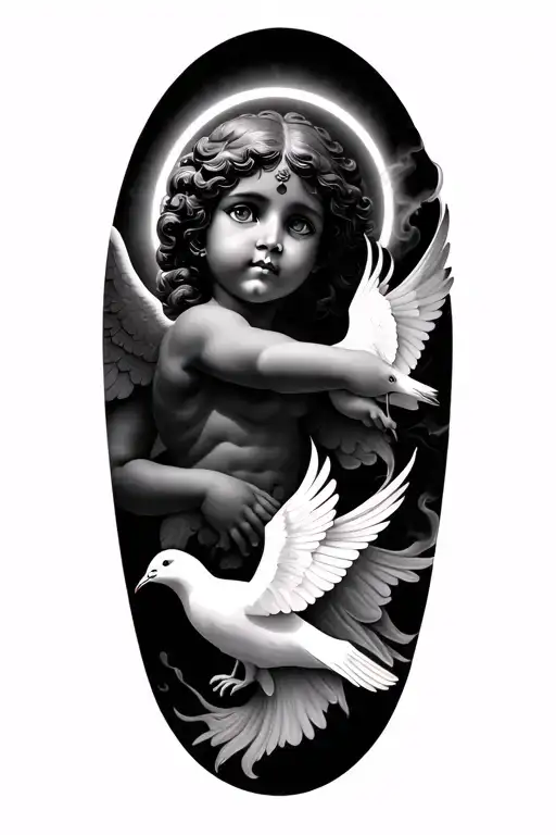 Chicano Style Cherub With White Dove With A Halo On One Of Them And Smoke Backround