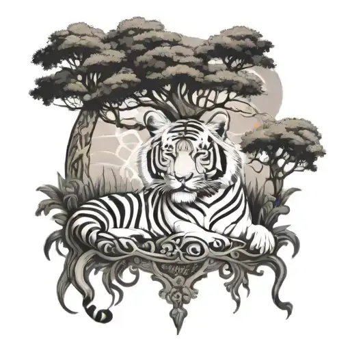 Tree Of Life With Tiger Laying At The Base