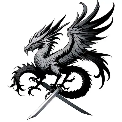 3 Headed Phoenixwith A Tail Of A Japanese Dragon And A Sword