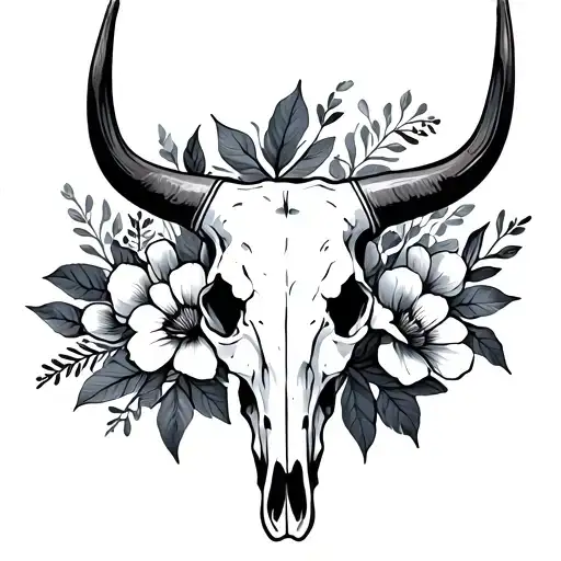 Longhorn Skull Flowers Leaves Minimalist