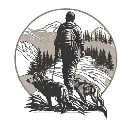 A Silhouette Of A Hiker On A Mountain Trail With A Pack Of Wolves Following Behind
