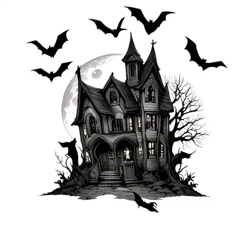 Haunted House Graveyard Moon Bats Crows Cats