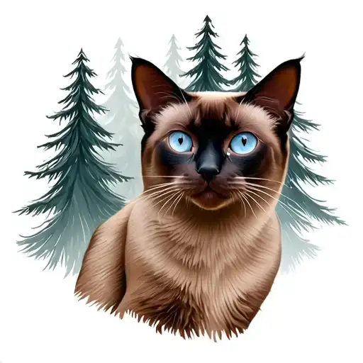 Draw An Image With A Siamese Cat In The Center With A Background Of Several Pine Trees