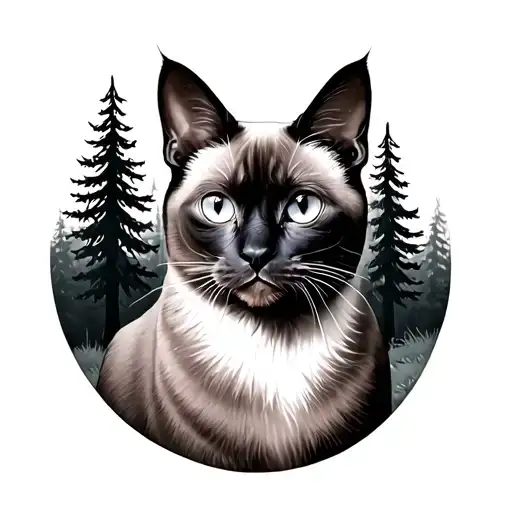 Draw An Image With A Siamese Cat In The Center With A Background Of Several Pine Trees