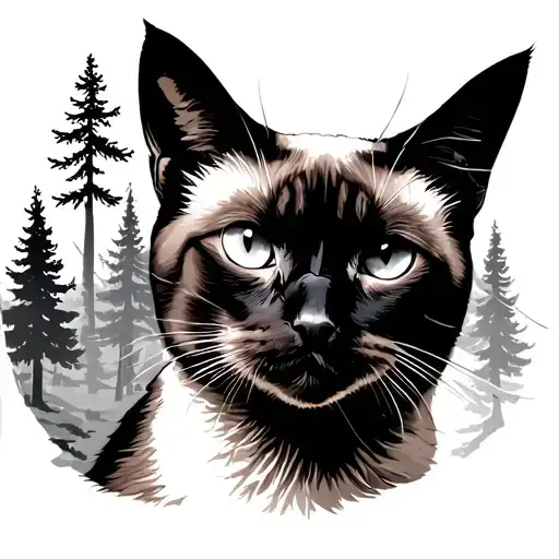 A Siamese Cat Facing The Center With A Background Of Several Pine Trees