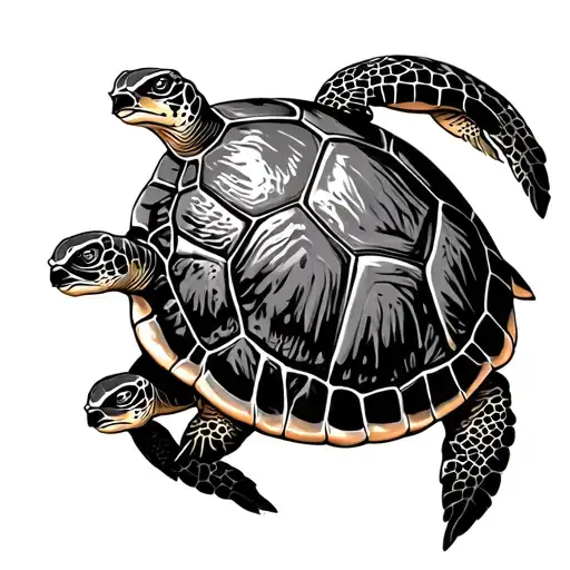 Turtle With 3 Baby Turtles Swimming