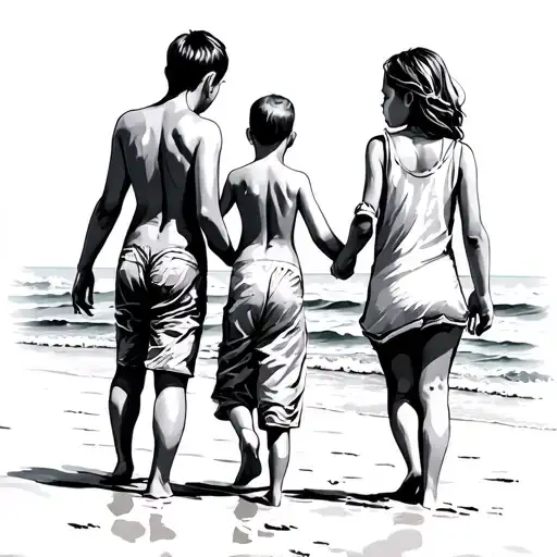 Family With 2 Child On The Beach Landscape
