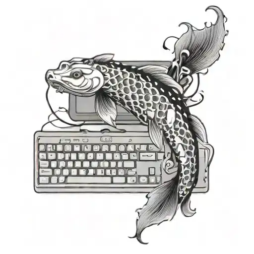 A Programmer's Keyboard Entwined With Elegant Koi Fish Swimming In A Computer