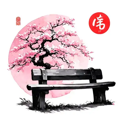 Japan Bench And Cherry Tree In Circle Pastel Watercolor Alpha
