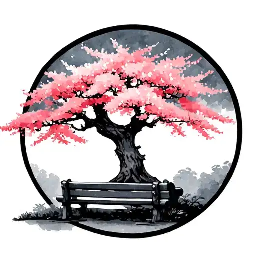 Japan Small Bench And Cherry Tree In Circle Pastel Watercolor Alpha