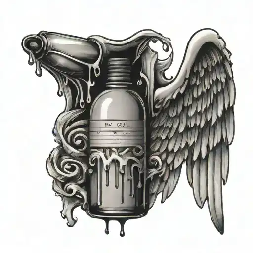 A Tattoo Design Of A Bottle Of Ink Pouring Out To Form Angel Wings