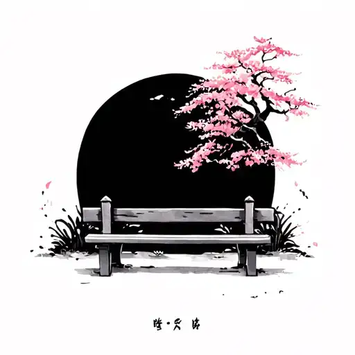Japan Small Bench And Cherry Tree Background Pastel Watercolor Alpha