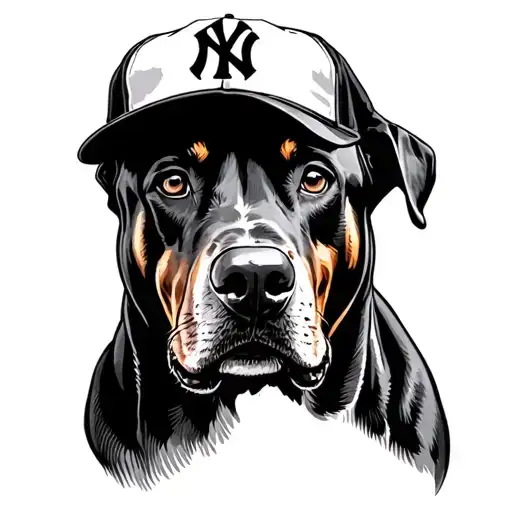 Traditional Doberman Dog With Ny Yankees Cap In Black And White Ink