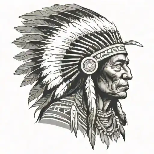 A Native American Chief In Full Headdress Standing On A Cliff Overlooking The Prairie