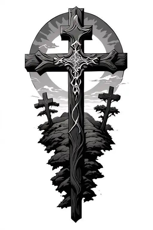 Three Crosses On Hill