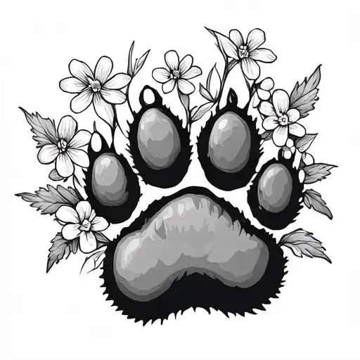Dog Paw And Forget Me Not Flower Fine Line