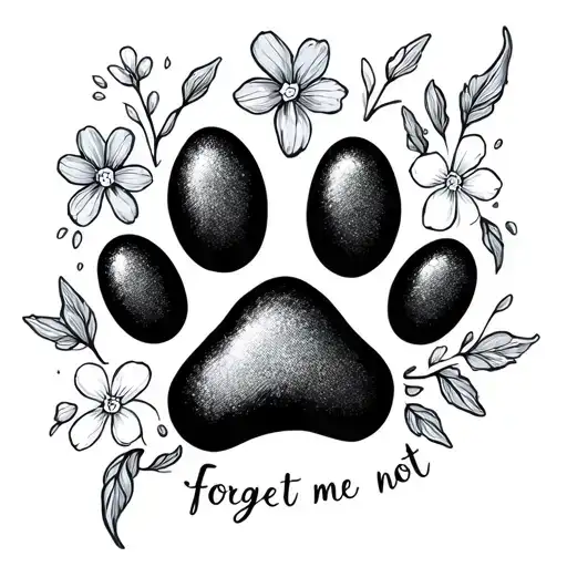 Dog Paw And Forget Me Not Flower Fine Line Art