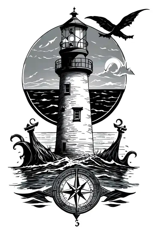 Lighthouse And Nautical Compass Surrounded